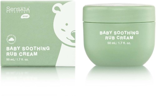 A green jar of baby soothing rub cream next to its box with a bear face illustration.