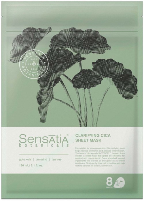 A green facial sheet mask with black illustrations of cica plant leaves, labeled for skin calming benefits.