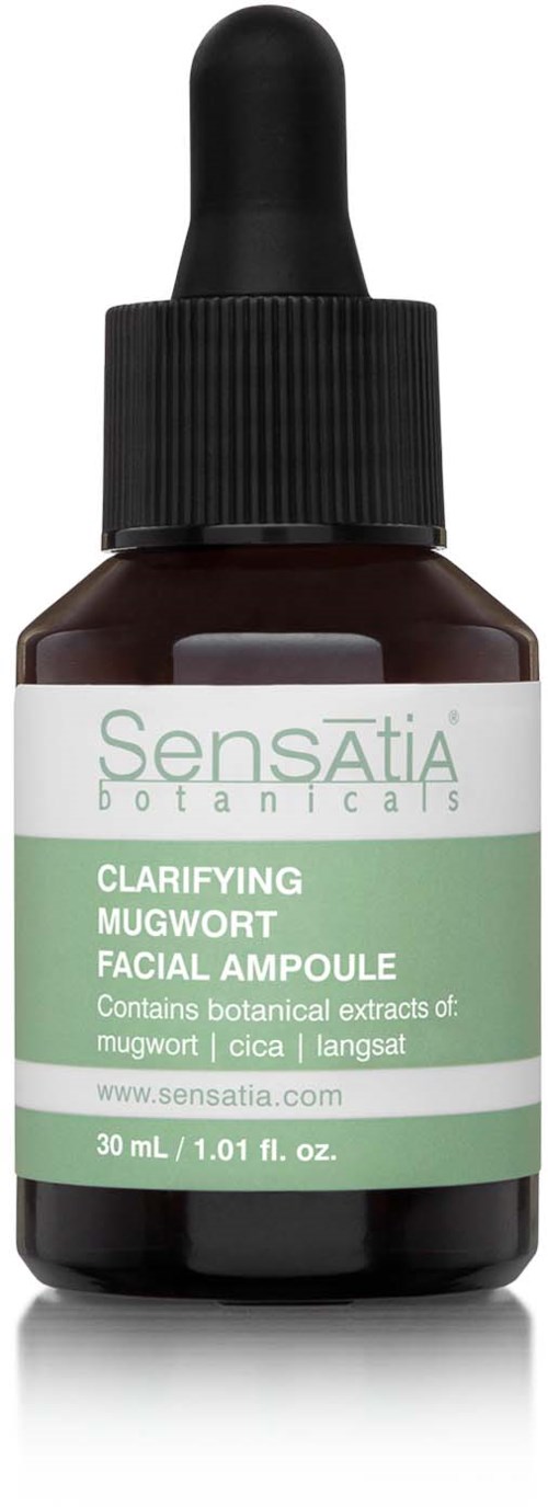 A brown bottle with a black dropper cap, labeled as a facial ampoule containing botanical extracts like mugwort, cica, and langer.