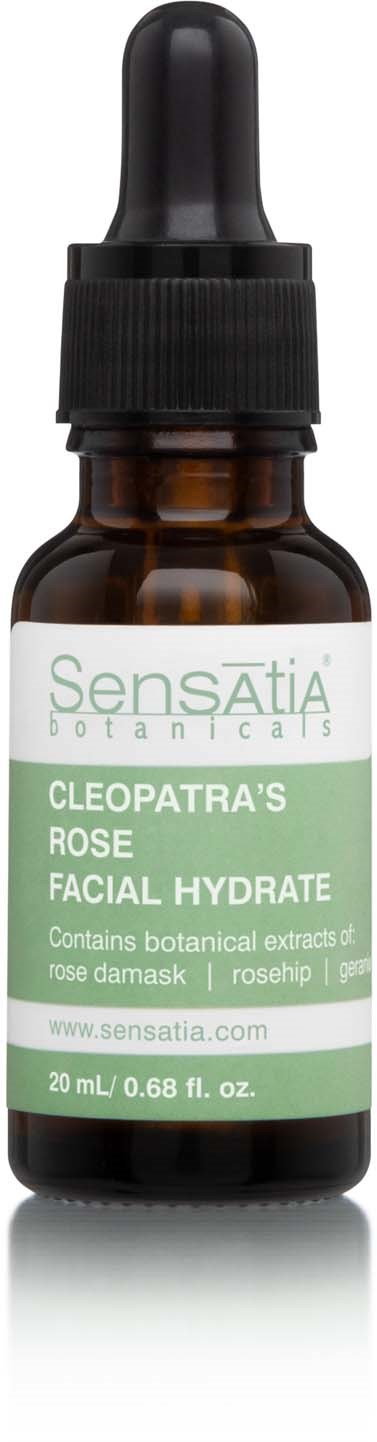 A small brown bottle with a dropper, labeled Sensatia Botanicals Cleopatra's Rose Facial Hydrate, contains rose extract for skin.