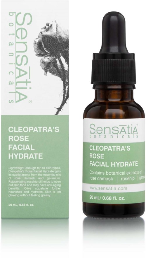 A small brown bottle of facial hydrating serum with a dropper, beside a green and white box label.