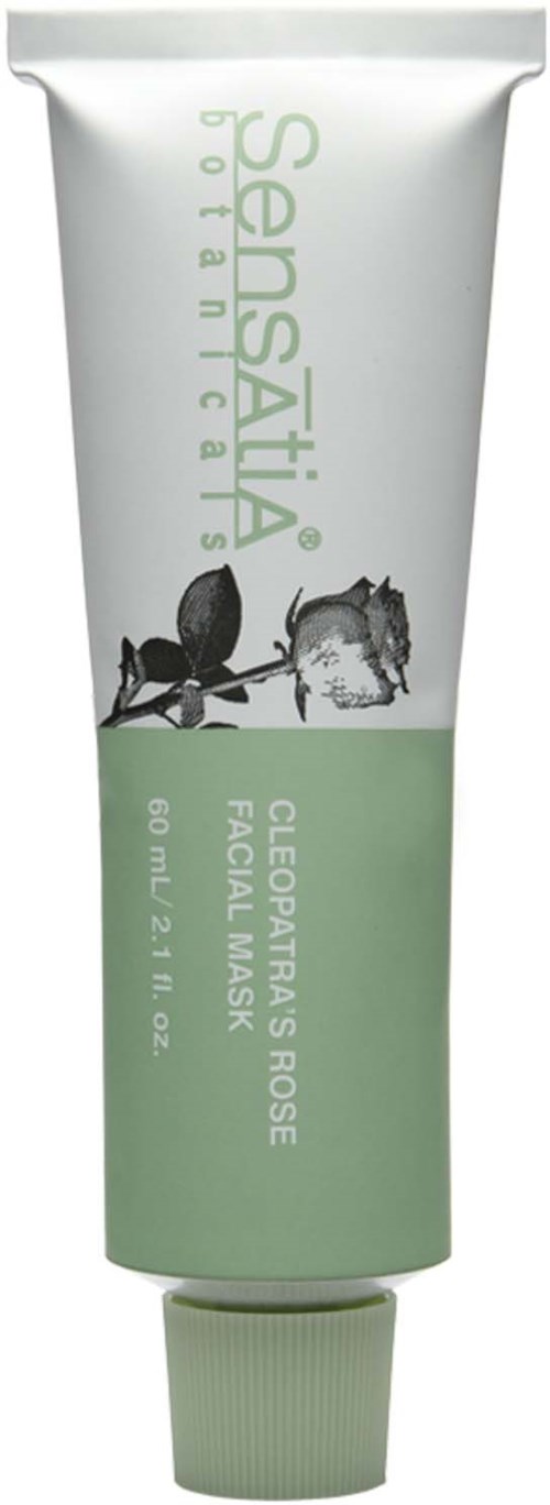 A tube of facial mask, labeled 'Sensatia,' with a rose and cotton illustration, green and white colors, and 60 ml content.