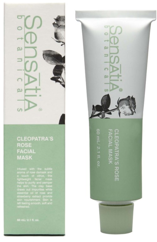 A green and white tube and box for Cleopatra's Rose facial mask from Sensatia Botanicals.