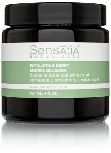 A black jar with a green and white label for Sensatia Botanic's exfoliating berry enzyme gel mask.