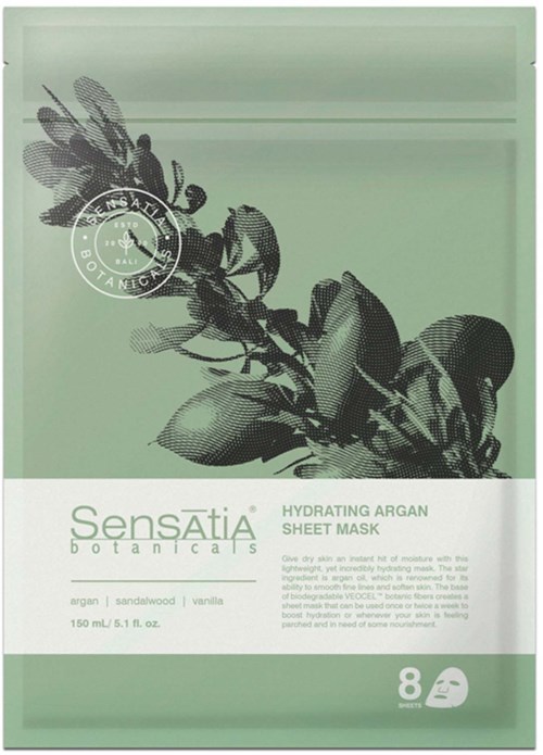 A green packet of facial sheet masks with leaves illustration, contains hydrating argan essence, for skin moisture, label mentions soothing and nourishing.