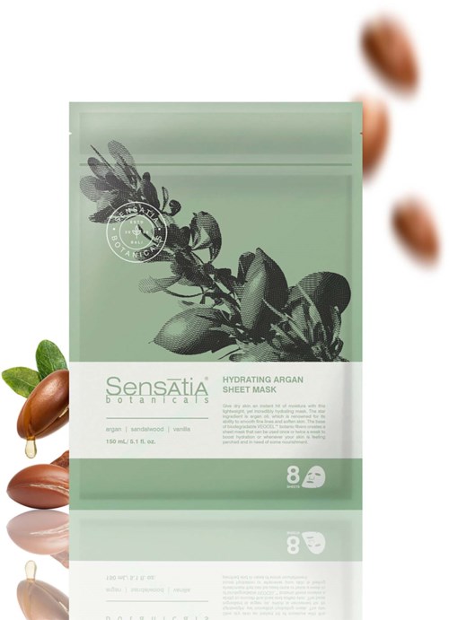 A green sheet mask package with a black plant illustration, labeled 'Sensatia Botanicals Hydrating Argan Sheet Mask,' and eight masks inside.