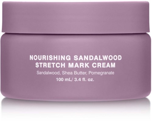 This is a purple jar of nourishing sandalwood stretch mark cream with shea butter and pomegranate. It is 100 ml.