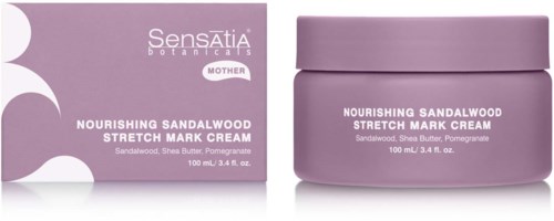 A purple jar and box of nourishing sandalwood stretch mark cream from Sensatia Botanicals with sandalwood and pomegranate.