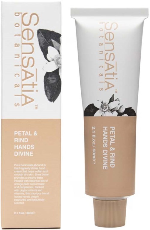 En tube og eske merket Sensatia Botanicals Petal & Rind Hand & Hand Divine, med blomster- og bladerdesign i myke farger.