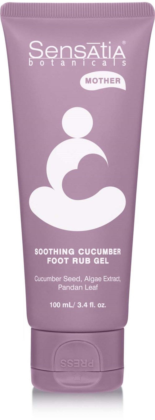 A purple tube of Sensatia Botanicals soothing cucumber foot rub gel with a white logo and text.