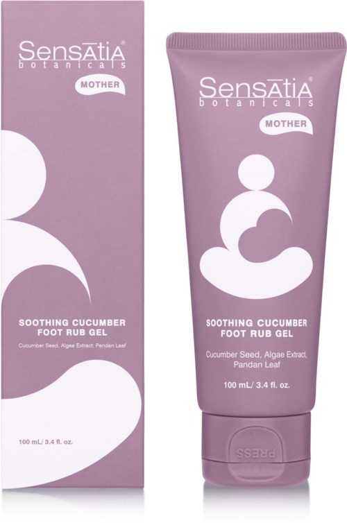 A lavender tube and box of Sensatia Botanicals soothing cucumber foot rub gel with cucumbers, algae, and pandan leaf.