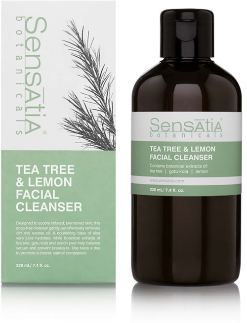 A black bottle of Sensatia Botanicals Tea Tree & Lemon Facial Cleanser next to its packaging, which has a leaf illustration and product details.