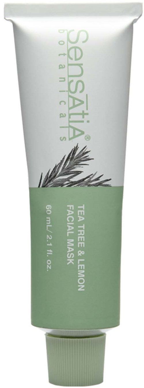 A green and white tube labeled Sensatia Organics with lemon and tea tree, containing facial mask, 60 ml.