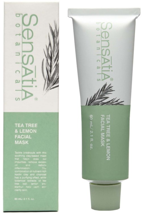 Sensatia Botanicas Tea Tree & Lemon Facial Mask tube and box, white and green with black leaf design.