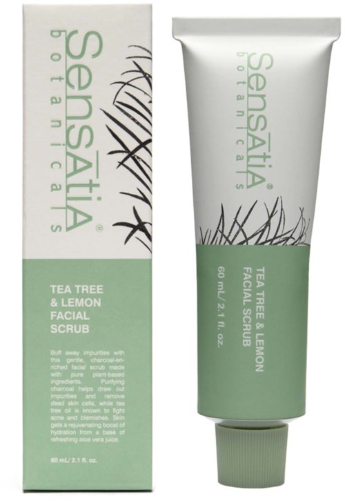 A tube and box of Sensatia Botanicals tea tree and lemon facial scrub, with green and white packaging and botanical illustrations.