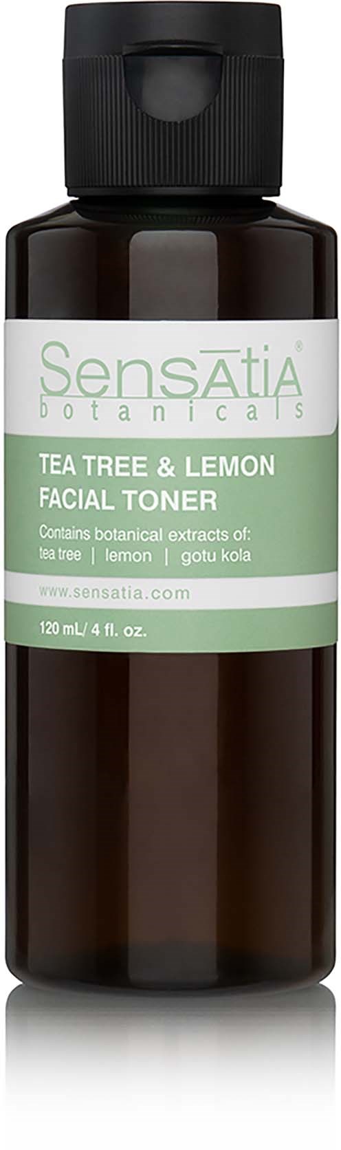 A dark bottle with a white label that says Sensatia Botanicals tea tree and lemon facial toner.