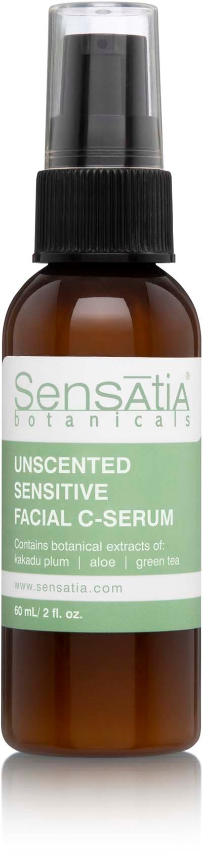 A brown bottle with a pump contains unscented sensitive facial C-serum from Sensatia Botanicals.