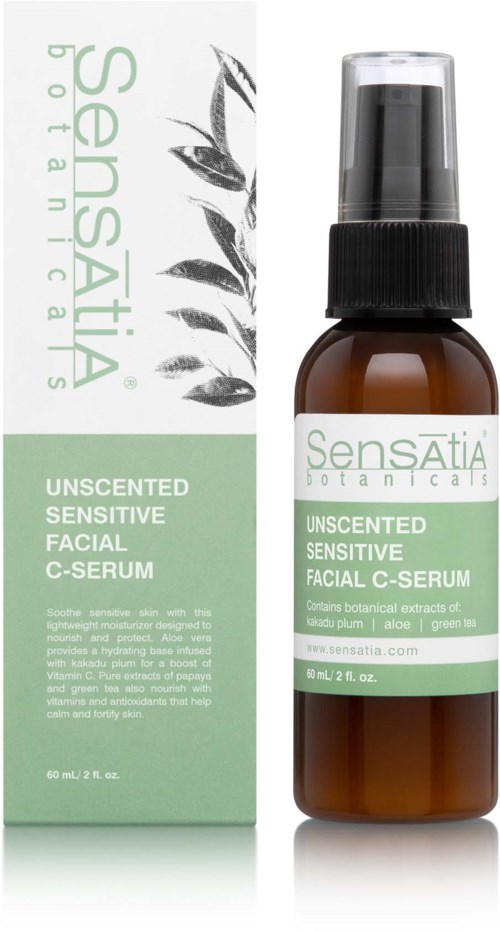 A brown bottle and a box of Sensatia Botanicals Unscented Sensitive Facial C-Serum with green and white packaging.