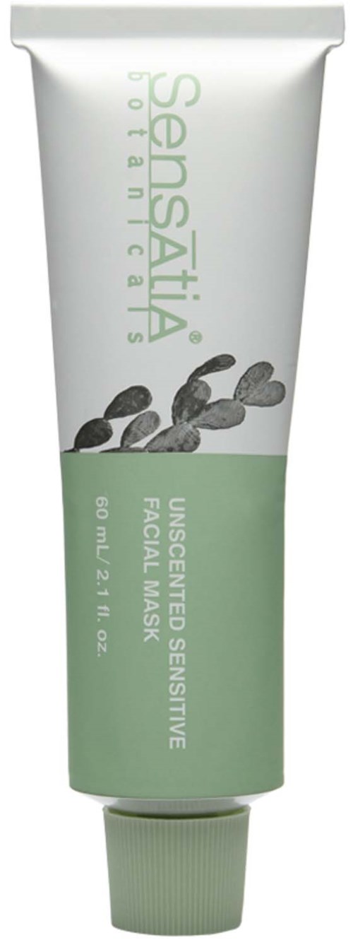 A tube of face mask with a plant image, green and white colors, and text about sensitive skin.