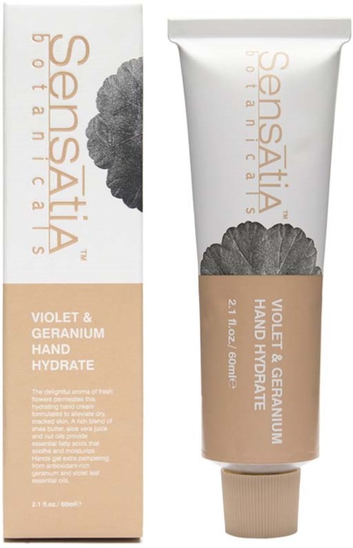 A white tube and box featuring a black and white flower image, labeled as violet and geranium hand moisturizer.