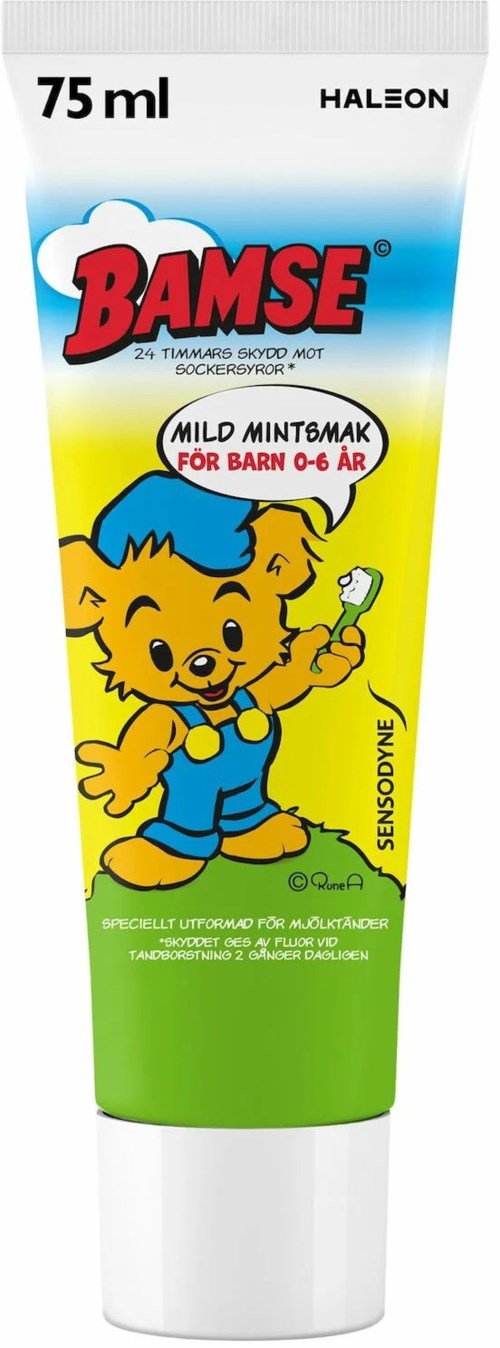 Lasten hammastahnatuubi, jossa on söpö piirretty karhu, joka pitää hammasharjaa, merkattu mieto mintun maku.