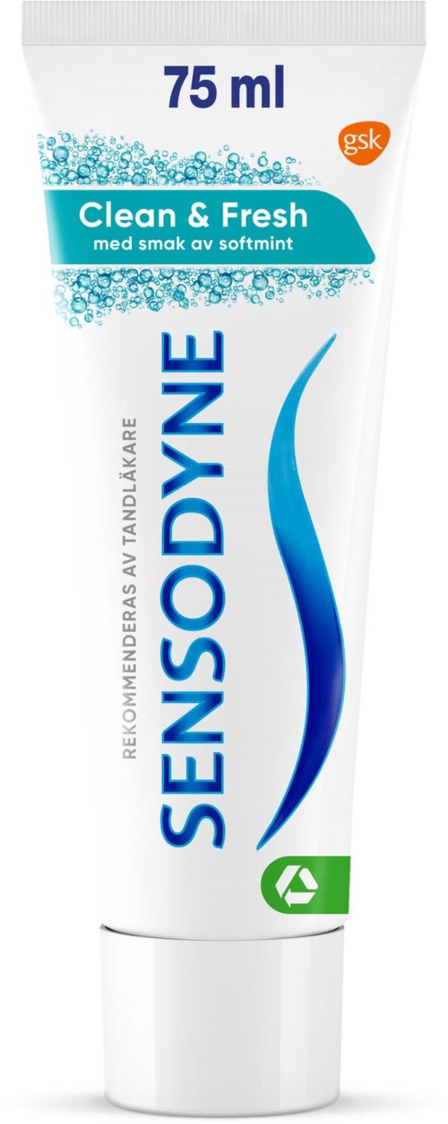 Valkoinen Sensodyne-hampuraputki, 75 ml, sinisillä ja vihreillä tehosteilla, lukee 'Clean & Fresh'.