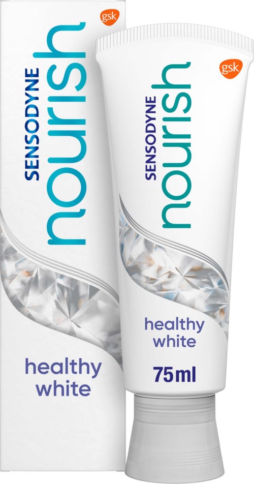 Putki ja pakkaus Sensodyne Nourish -hammastahnaa, 75 ml, terveellinen valkoinen.