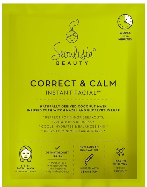 En lysende grønn hudpleiepakke merket 'Seoulista Beauty' for beroligende ansiktsmasker, med en liten klokke som viser 20 minutter.