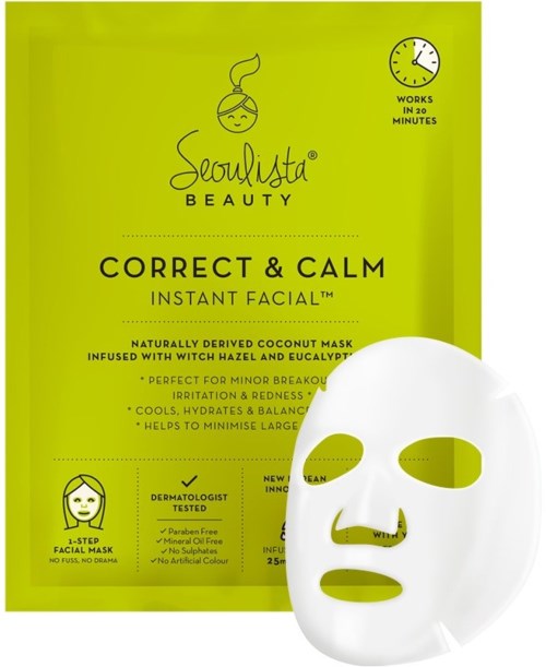 En lysende grønn pakke med et hvitt ansiktsmaske. Teksten beskriver den som beroligende, fukter, uten kunstige ingredienser, virker på 20 minutter.