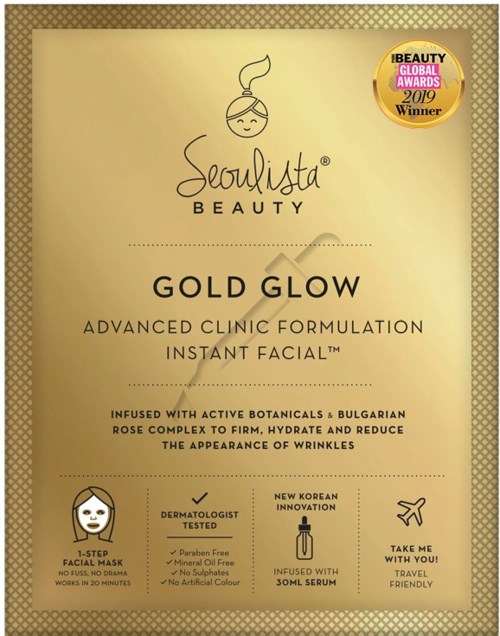Gold Glow hudpleieprodukt som fremmer hydrering og reduksjon av rynker, med botaniske ingredienser og ny serumteknologi.