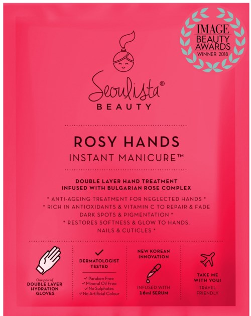 Rosafarget emballasje for Seoulista Beauty håndbehandling, fremmer glødende hender, infusert med bulgarsk rose, verdsatt for anti-aldring, hydrering og mykhet.