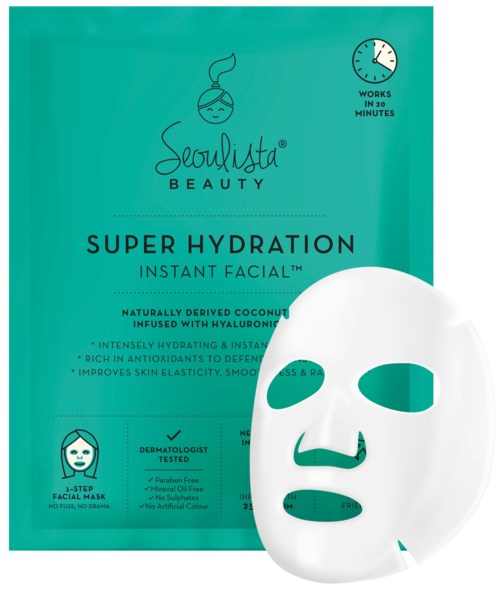 Et tealfarget ansiktsmaske-emballasje med en hvit maske delvis foran, som fremhever hudpleiefordeler og rask bruk på 20 minutter.