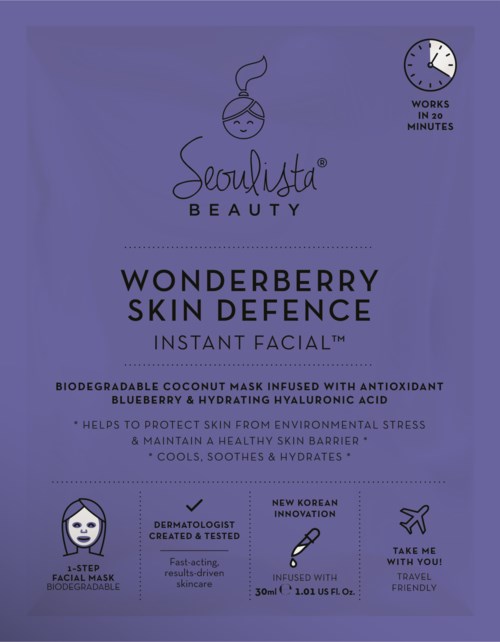 Lilla emballasjen for en ansiktsmaske som viser ingredienser, fordeler og bruksanvisning. Den er miljøvennlig og dermatologtestet.