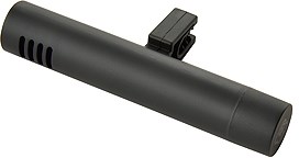 En lang sort cylinderformet genstand med en lille clip ovenpå, sandsynligvis en mikrofon eller lydudstyr.