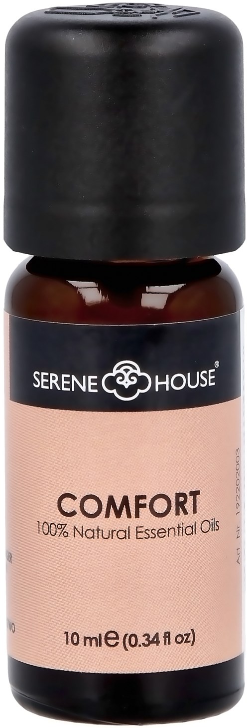 Mała ciemnobrązowa butelka z czarną nakrętką, oznaczona 'Serene House Comfort' olejkiem eterycznym, 10 ml.