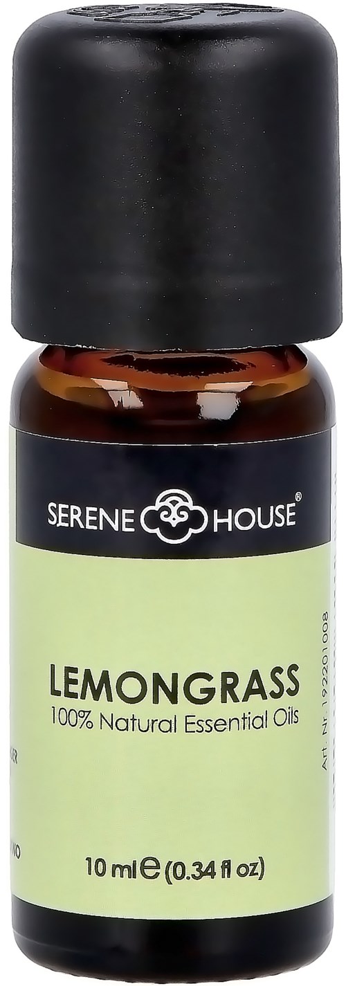 En lille flaske med citrongræs æterisk olie, sort låg og grøn etiket. Etiketten angiver, at det er et naturligt produkt fra Serene House.