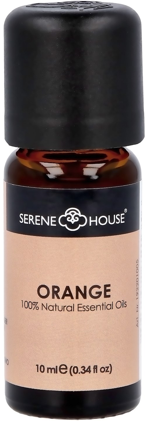 Liten orange eterisk oljeburk med svart lock, märkt 'Serene House' och '100% Natural Essential Oil.'