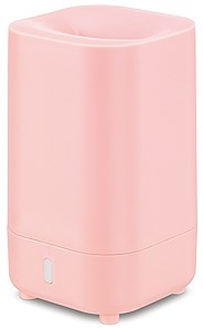 En rosa, cylindrisk luftfuktare med ett litet vattenindikatorfönster längst ner.