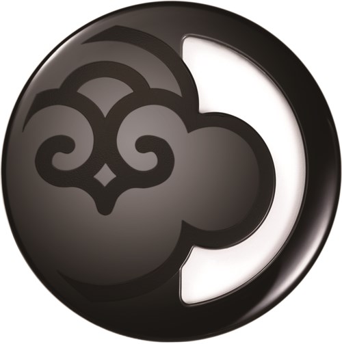 En rund mörk logo med en stiliserad molnform och en ljus vit halvcirkel.