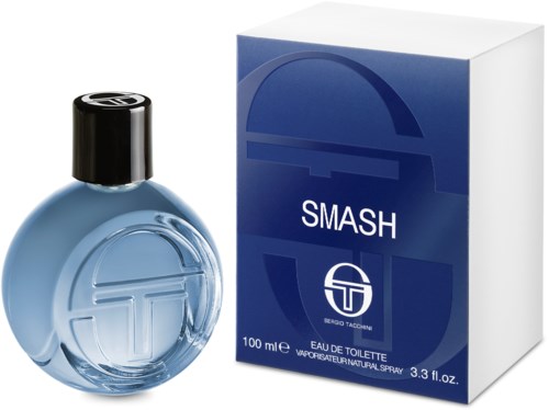 En parfymflaska och box märkt "SMASH" av Sergio Tacchini, liten rund flaska med svart lock, blå och vit box.