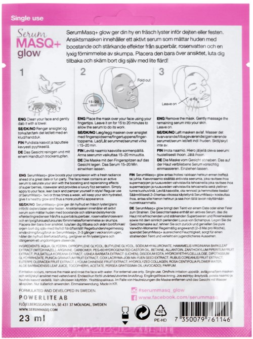 En pink og hvid æske med instruktioner til ansigtsmaske, inklusive trin og illustrationer. Den har et logo og hjemmeside.