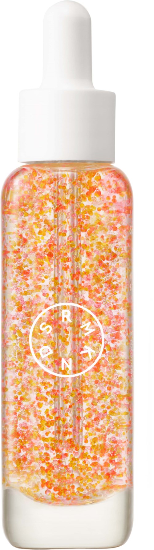 A clear bottle with orange and yellow glittery liquid inside, topped with a white dropper cap.