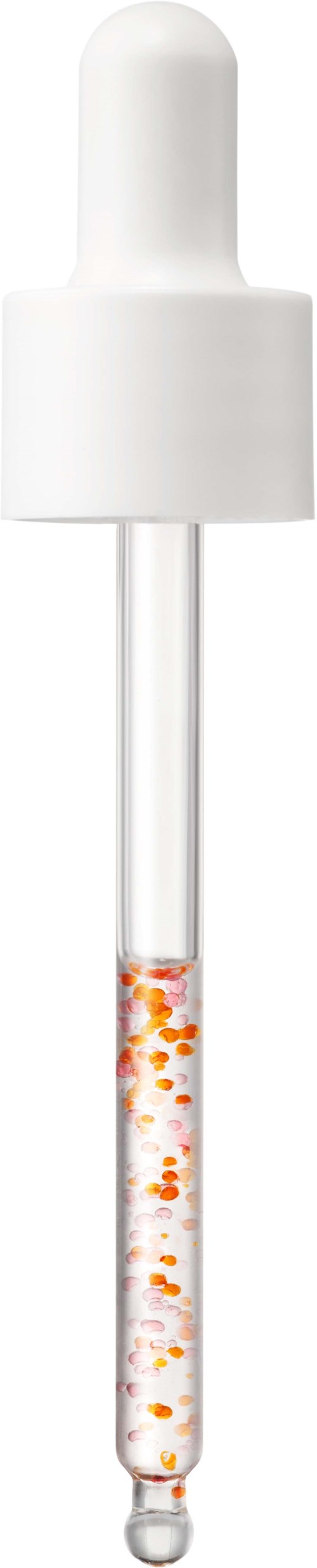 A dropper with a white cap, filled with orange and clear liquid or gel.