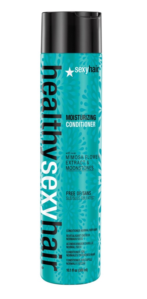 En lang, blå flaske med fuktighetsgivende balsam med svart lokk, kalt 'sexy hair' og merket 'healthy sexy hair'.