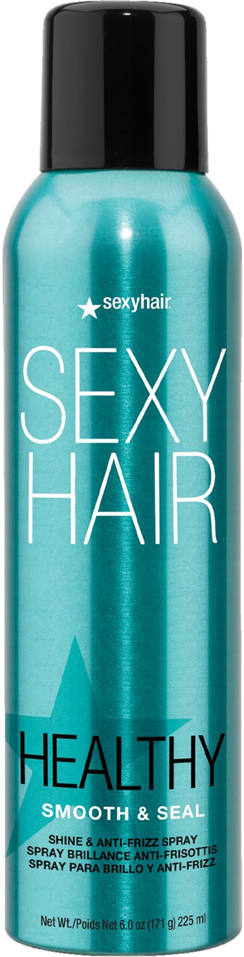Eine türkisfarbene Flasche mit schwarzem Deckel, beschriftet 'Sexy Hair', 'Healthy', beschreibt Haarspray für Glanz und Anti-Frizz.
