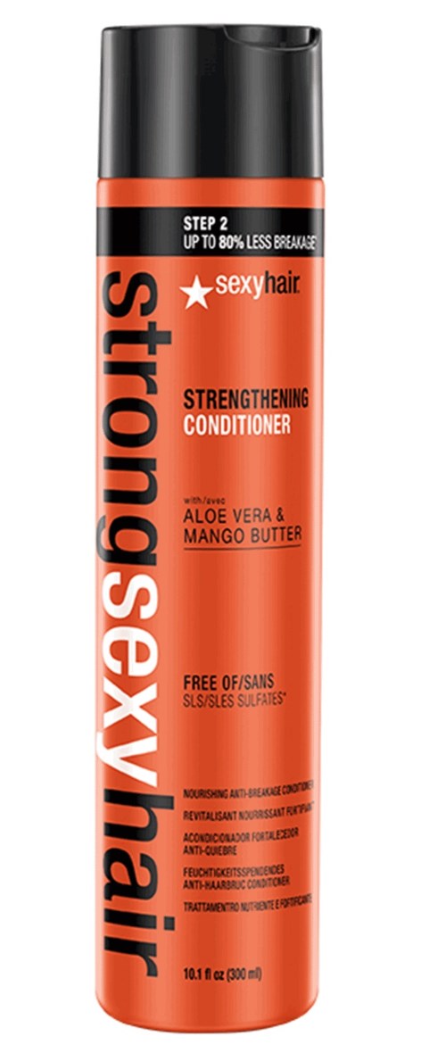 En rød flaske med styrkende balsam merket 'sexy hair' med svart lokk, fremmer mindre skade og naturlige ingredienser.