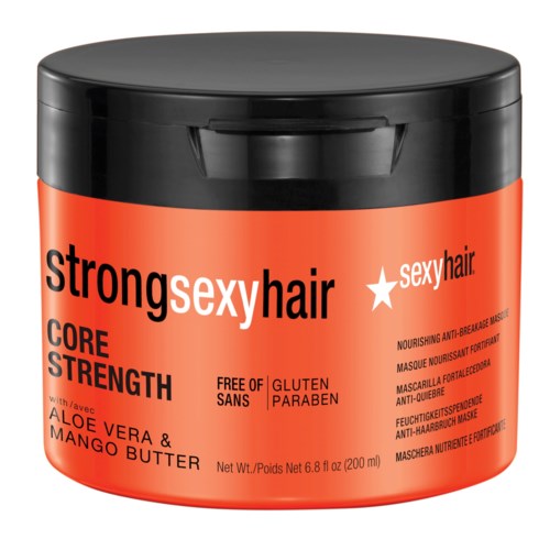 En runt svart och orange förpackning av hårmask märkt 'strong sexy hair' med aloe vera och mangobutter.
