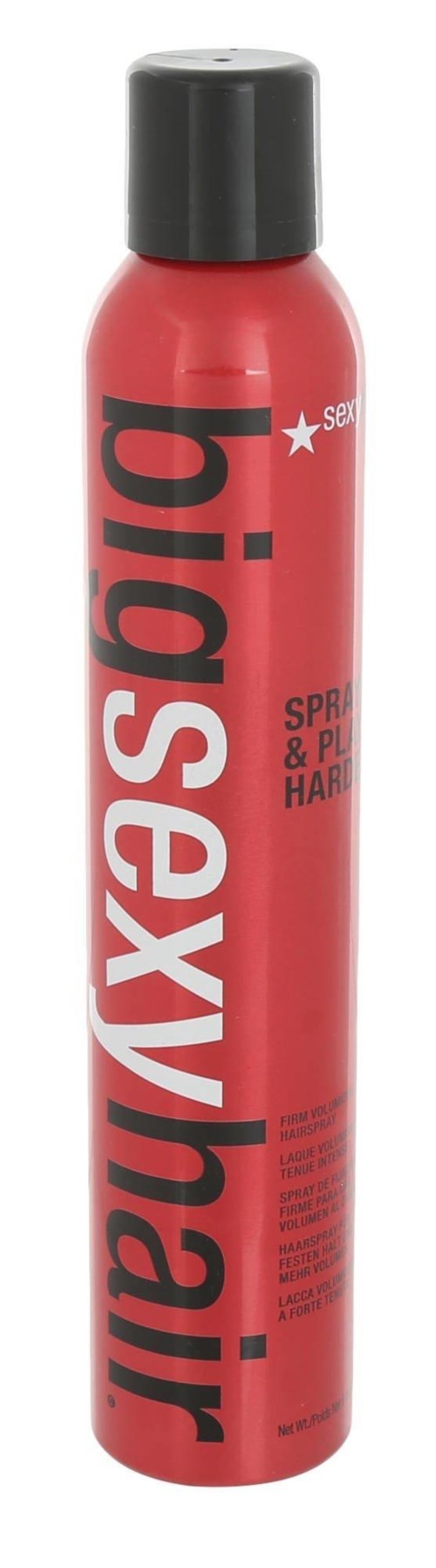 Röd sprayflaska med svart lock, stor svart och vit text, används för att fixera eller styla hår.