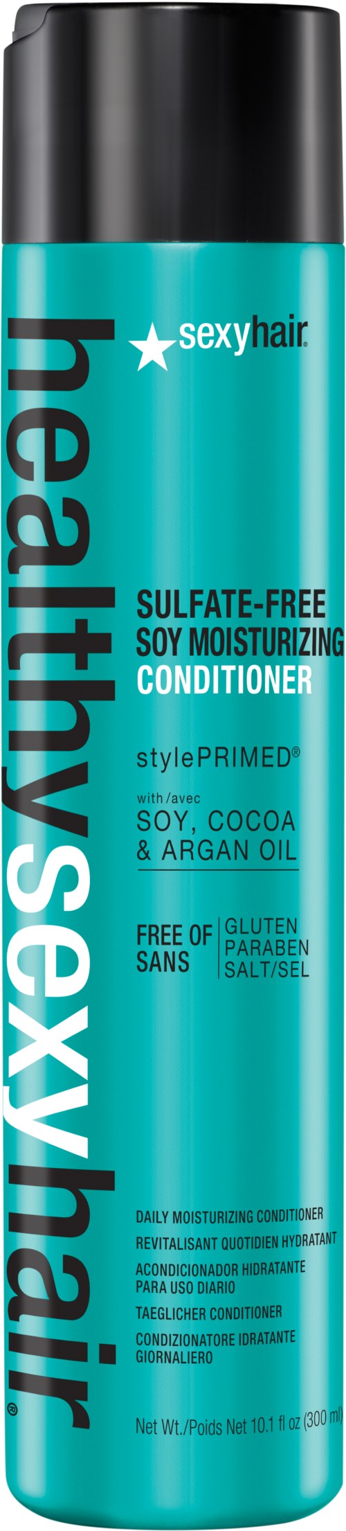 En lång, blå flaska av Sexy Hair balsam med svart lock, etiketten visar att den är sulfatfri och återfuktande.