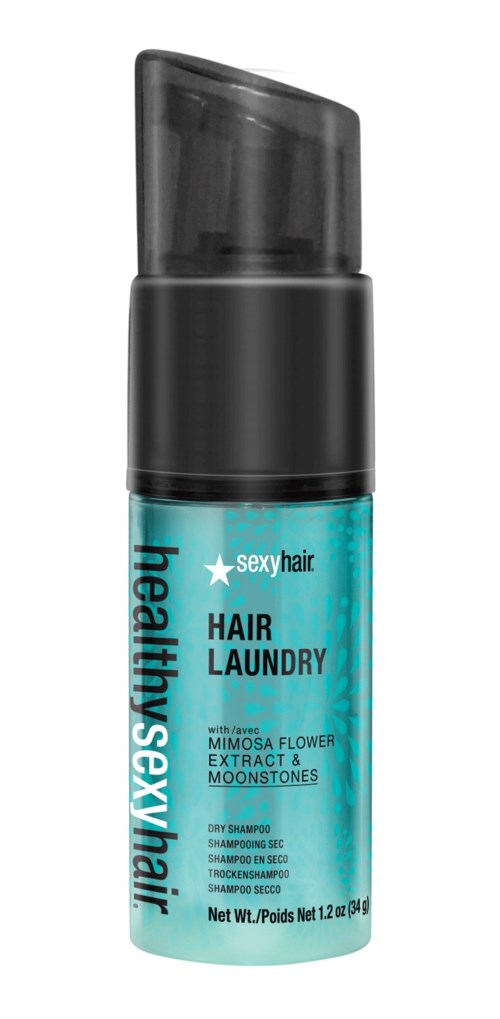 Kleine blaue Flasche mit 'Healthy Sexy Hair' beschriftet, schwarzer Deckel, enthält Haarwäsche mit Blütenextrakten.